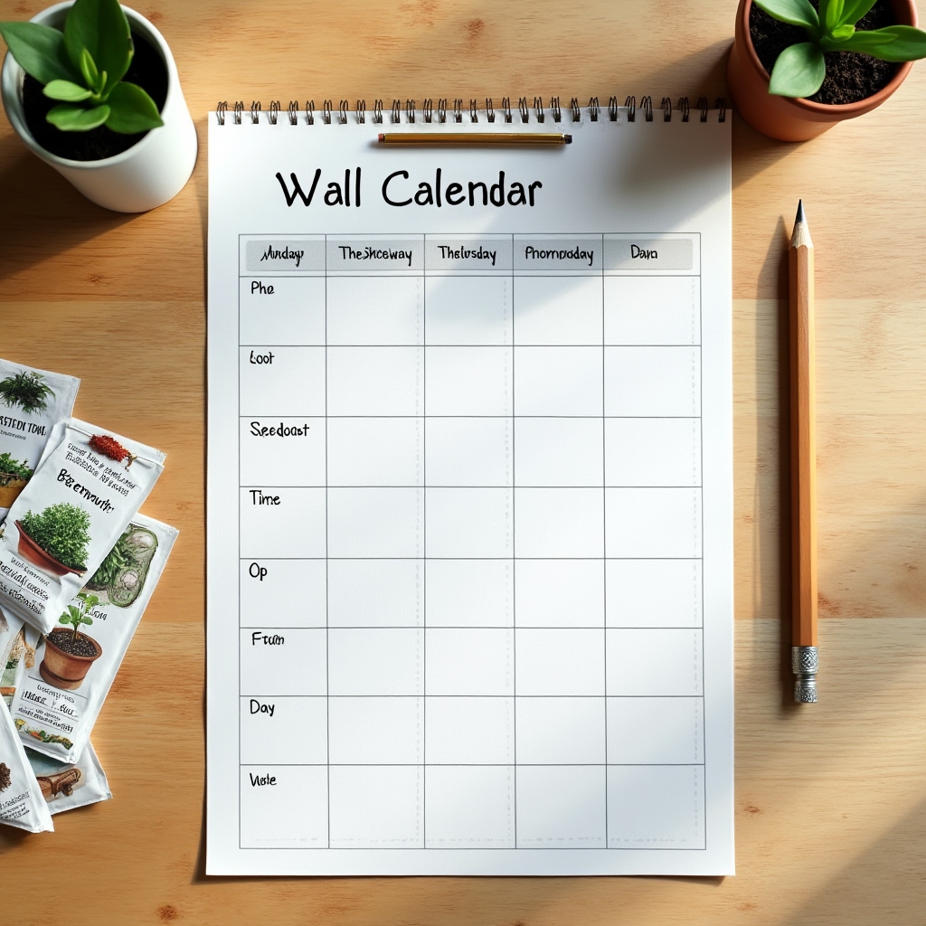 Calendario de escritorio con anotaciones sobre fechas de siembra junto a bandejas de plantines