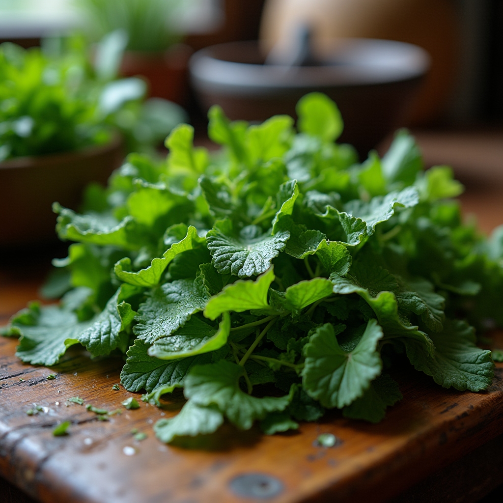 Cosecha doméstica de hojas verdes recién cortadas colocadas sobre una mesada de cocina