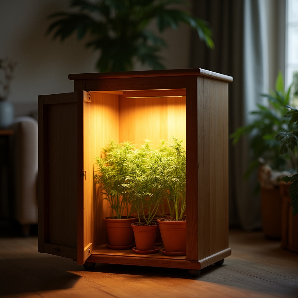 Armario de cultivo cerrado con puertas opacas e iluminación LED interna visible a través de una rendija
