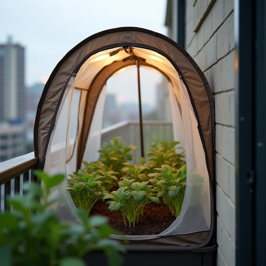 Carpa textil de cultivo instalada en un balcón con plantas jóvenes visibles a través de la malla reflectante
