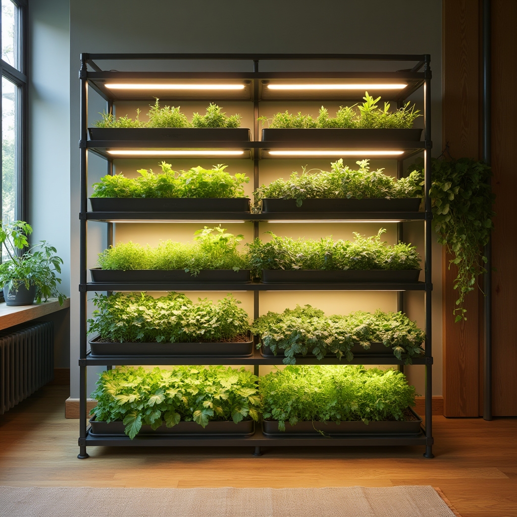 Estantería de cultivo urbano en interior con múltiples niveles de plantas bajo luces LED