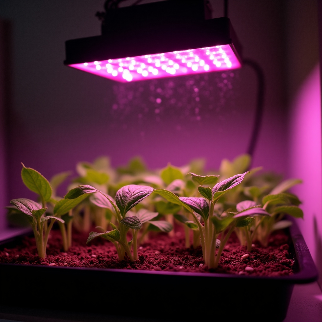 Panel LED de espectro completo iluminando bandejas de plántulas en un cuarto de cultivo